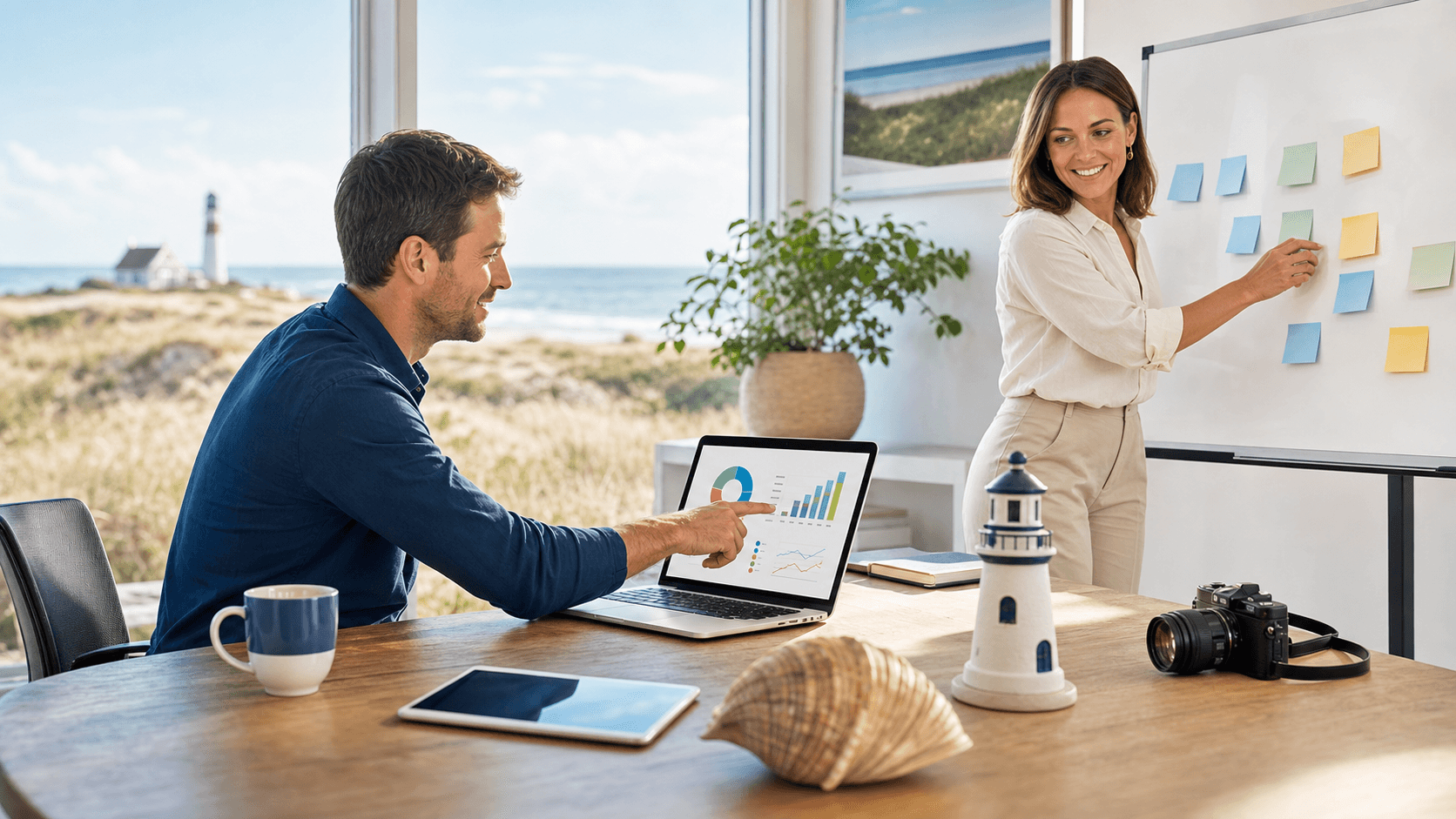 Coastal map with a search bar, upward bid arrows, and beach icons in blue and sand tones on a clean background.