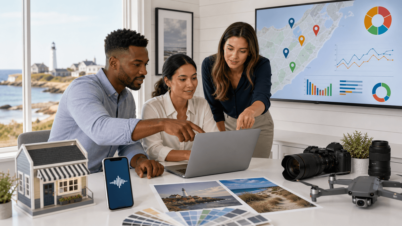 Blue gradient graphic with map pin, magnifying glass, and chat bubbles around bold SEO, GEO, AEO text.